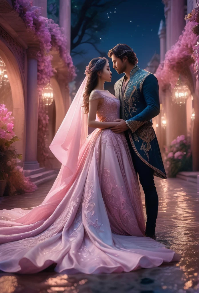 a beautiful couple in a fantasy landscape, detailed intricate features, soft pink lighting, extremely detailed, highly realistic, photorealistic, masterpiece, 8k, ultra-detailed, cinematic lighting, dramatic atmosphere, magical, dreamlike, romantic, elegant, flowing fabric, graceful poses