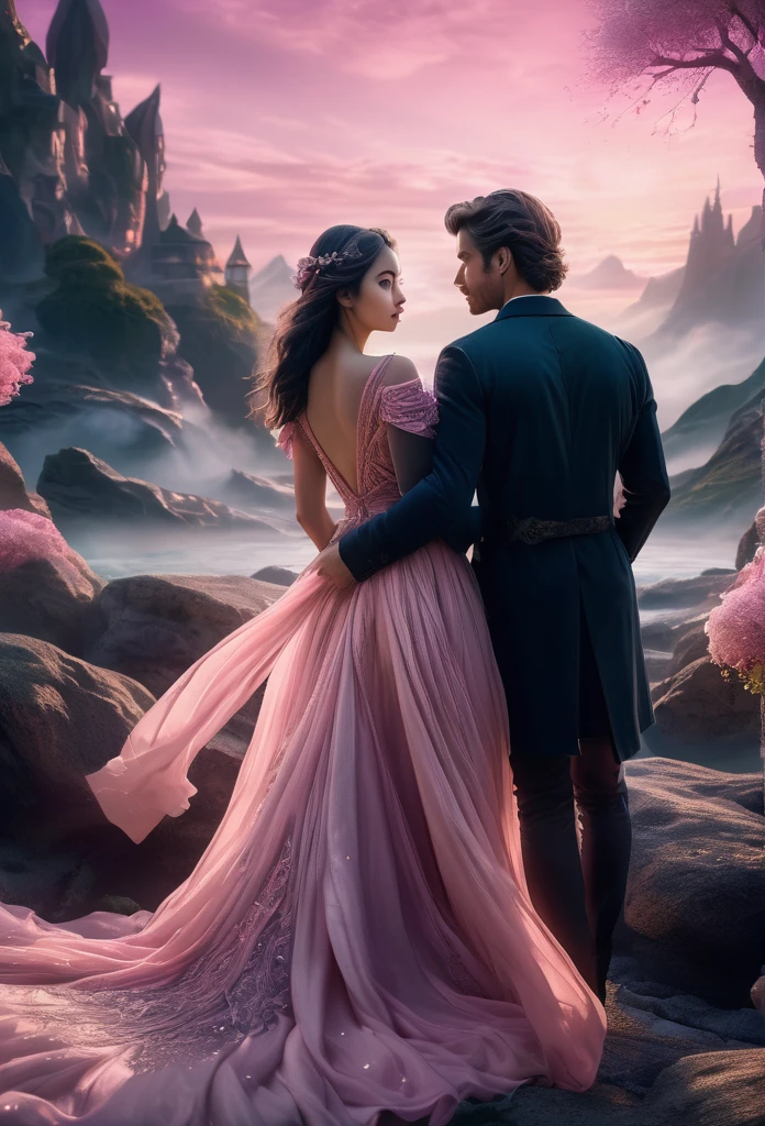 a beautiful couple in a fantasy landscape, detailed intricate features, soft pink lighting, extremely detailed, highly realistic, photorealistic, masterpiece, 8k, ultra-detailed, cinematic lighting, dramatic atmosphere, magical, dreamlike, romantic, elegant, flowing fabric, graceful poses