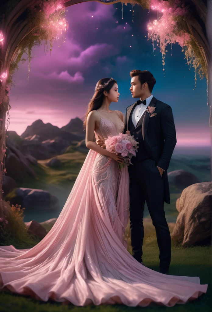 a beautiful couple in a fantasy landscape, detailed intricate features, soft pink lighting, extremely detailed, highly realistic, photorealistic, masterpiece, 8k, ultra-detailed, cinematic lighting, dramatic atmosphere, magical, dreamlike, romantic, elegant, flowing fabric, graceful poses