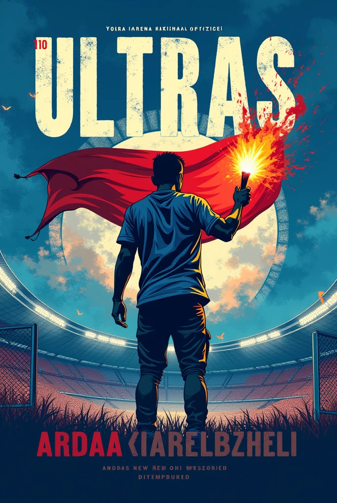 Make a ultras graphic design, texst Ultras Arda Kardzhali,blue, ultras holding the flag of Arda Kardjali, bad boy with a torch on the stadium fence, graphic, the colors of the opening are blue and white, the stadium is Arena Arda, blue and white, 100 years Arda Kardzhali