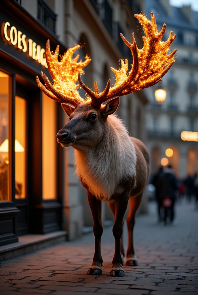 Create a giant Alaskan reindeer with antlers that are burning trees.The reindeer walks indifferently through an urban environment next to the window of a luxury store at night in Paris.4k, Details