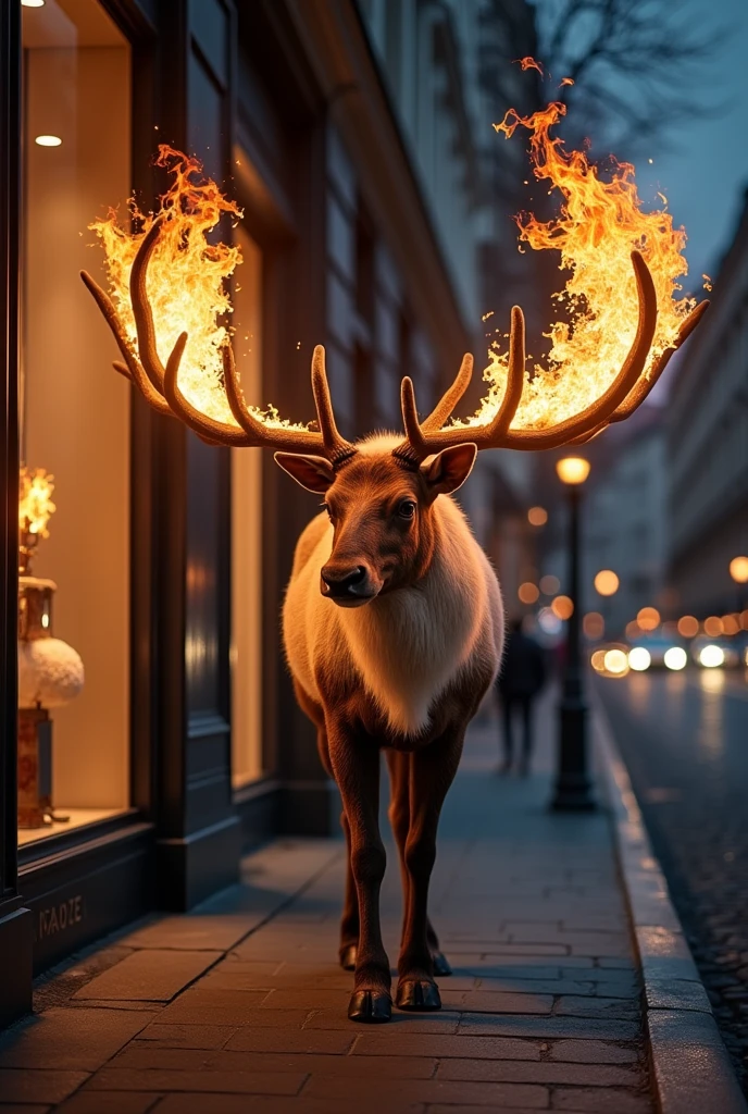 Create a giant Alaskan reindeer with antlers that are burning trees.The reindeer walks indifferently through an urban environment next to the window of a luxury store at night in Paris.4k, Details