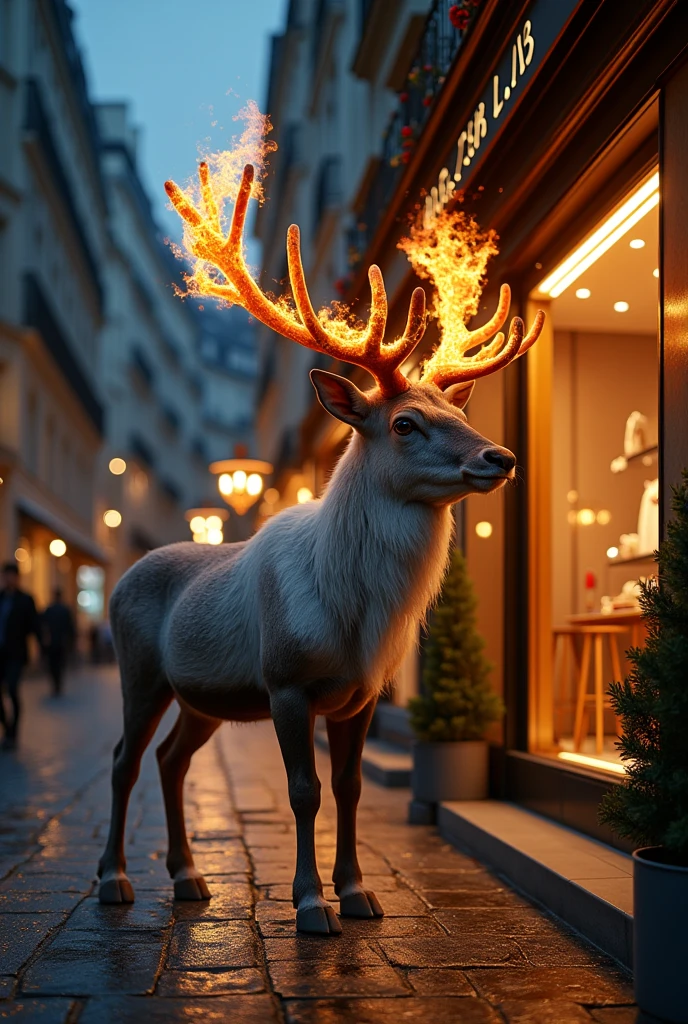 Create a giant Alaskan reindeer with antlers that are burning trees.The reindeer walks indifferently through an urban environment next to the window of a luxury store at night in Paris.4k, Details