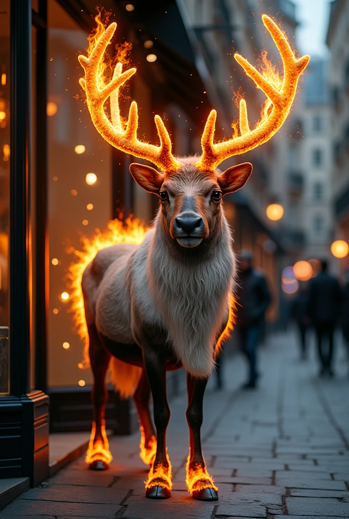 Create a giant Alaskan reindeer with antlers that are burning trees.The reindeer walks indifferently through an urban environment next to the window of a luxury store at night in Paris.4k, Details