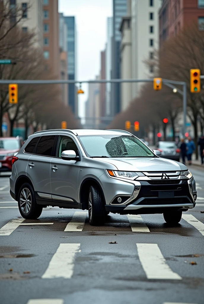 Create a photograph of a mitsubshi outlander silver in a 4 junction after a small accident