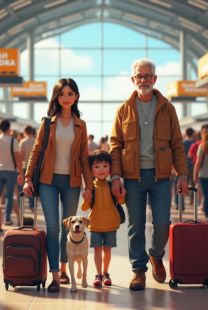 Create a family with pets and travel bags in a more real airport with real people