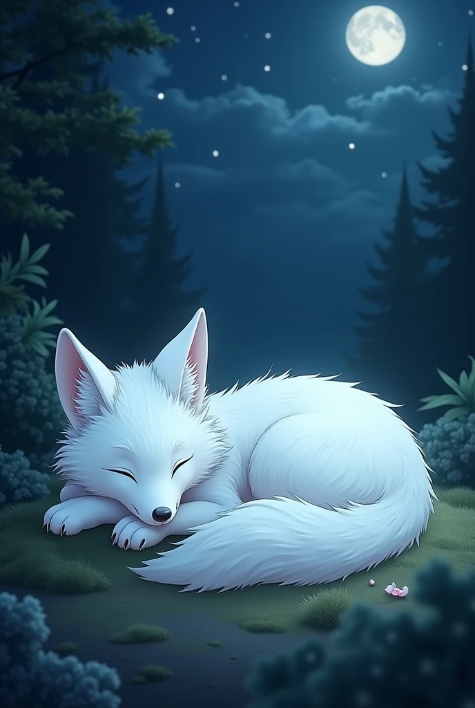 White coloured glowing anime fox girl in moonlight sleeping