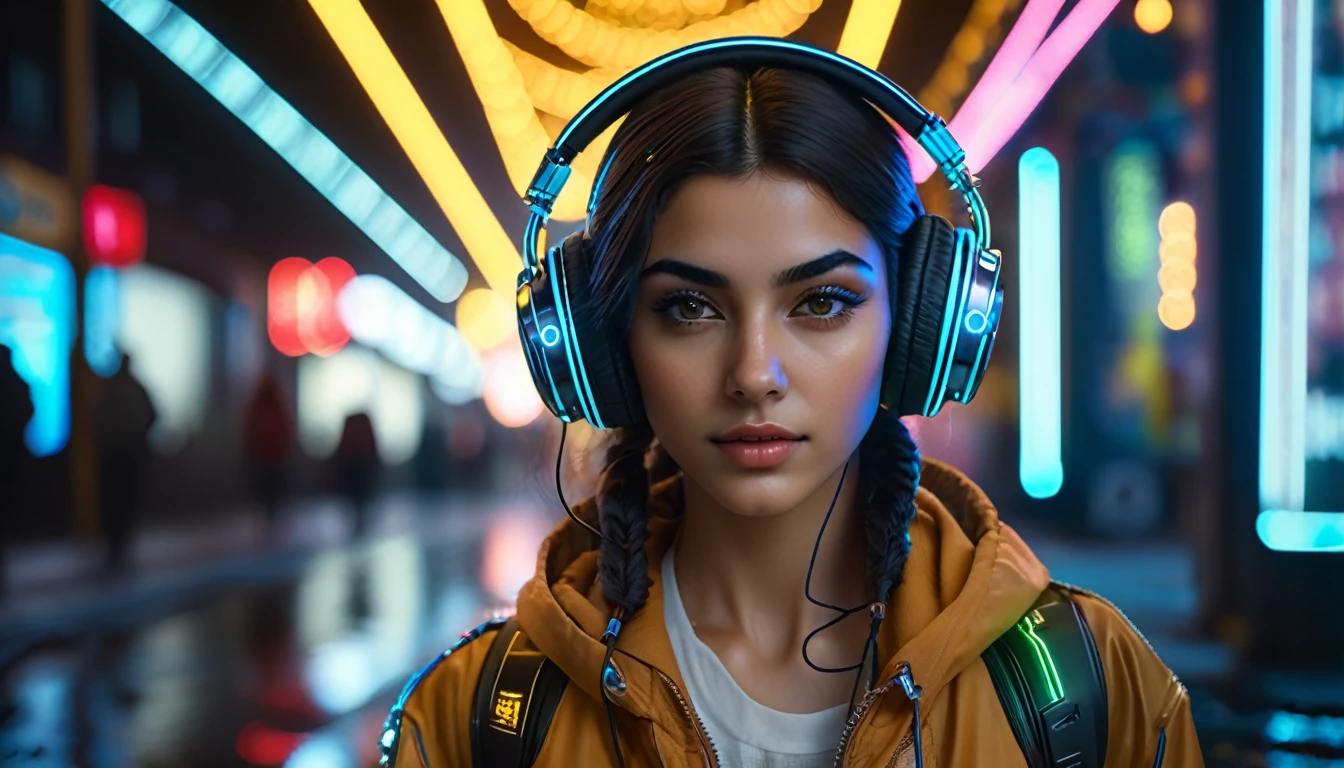 cyberpunk Persian girl, glowing wires, headphone,  dark city, reflective puddles, neon signs,, Photorealistic, Hyperrealistic, Hyperdetailed, analog style, soft lighting, subsurface scattering, realistic, heavy shadow, masterpiece, best quality, ultra realistic, 8k, golden ratio, Intricate, High Detail, film photography, soft focus, RAW candid cinema, 16mm, color graded portra 400 film, remarkable color, ultra realistic,