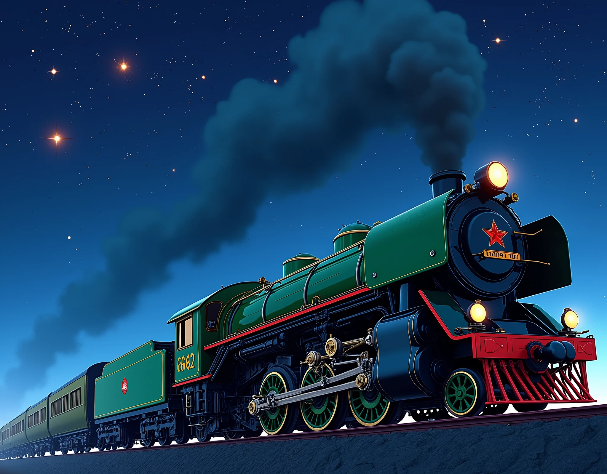 Japanese steam locomotive C62 flying through the starry sky at night、Galaxy Express 999, Side view、Starry sky-focused artwork、The body of the steam locomotive is a beautiful green