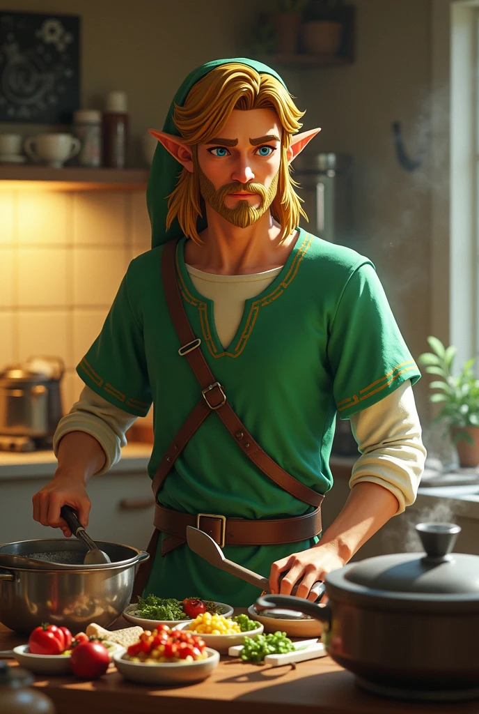Link adulte de l'univers Zelda en train de cuisiner 
