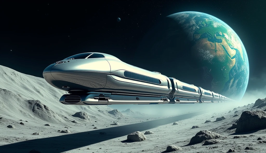 Futuristic magnetic levitation trains on the moon, with planet earth in the background 