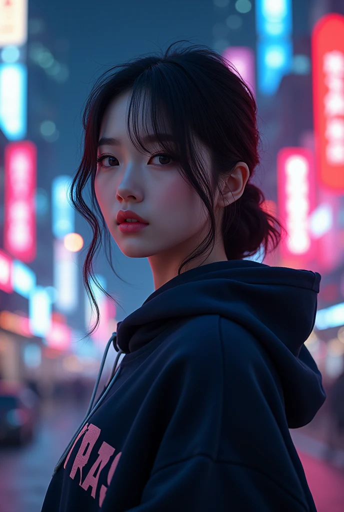 create a character hoodie, background: night city, background insert the HD text: “Pras”, HD, realistic, female, age 25, beautiful korean style, full body