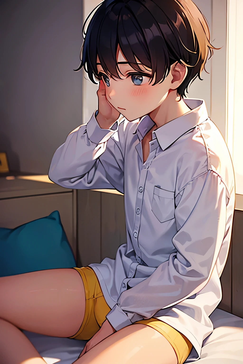 a boy sitting in a bedroom, wearing a white long sleeve shirt and yellow underwear,viewed from the side,