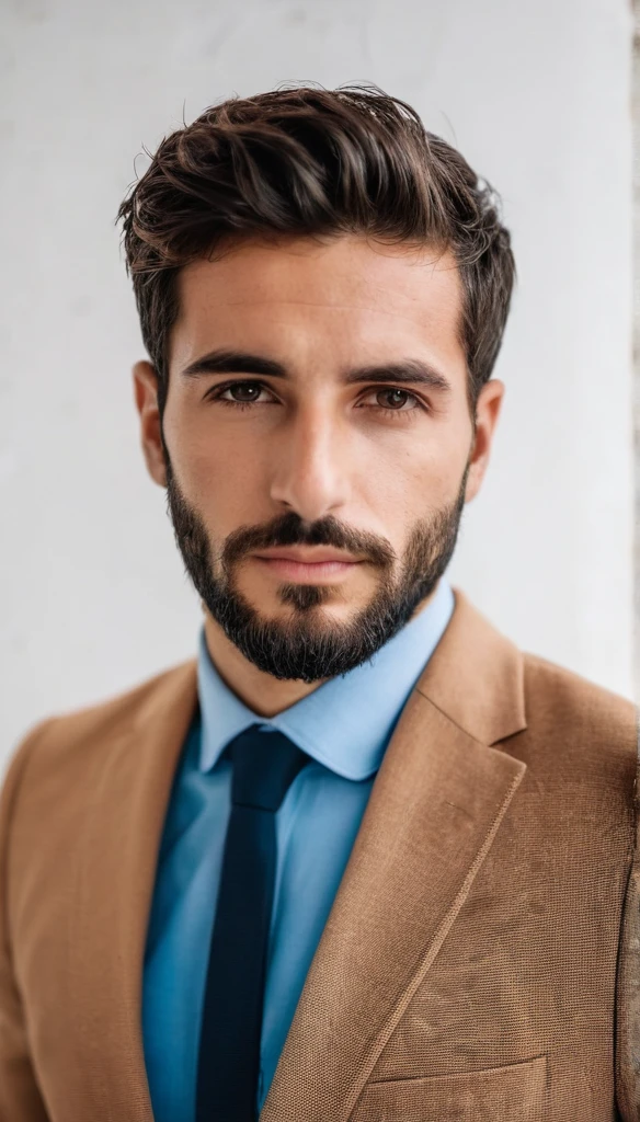 A beautiful 25 years young Italian man with a short beard and short hair, in a suit, in front of a white wall look in the camera.