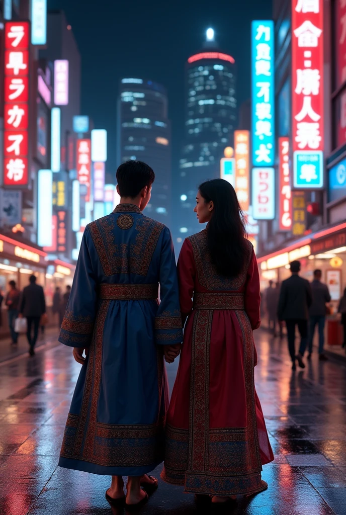 Well matched 
Couple in night Tokyo they're from Uzbekistan they wore Uzbek national clothes they aren't in love