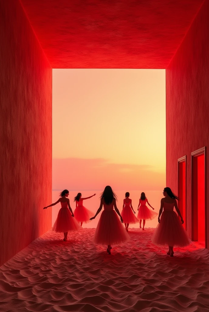 Please generate a picture of a house where there is sand inside the room and red light but though the window you can only see the sky. it should be realsitic. there should be a big window. the format should be JPG-Format, 3000 x 3000 px. there should be 15 beautiful people dancing inside.

