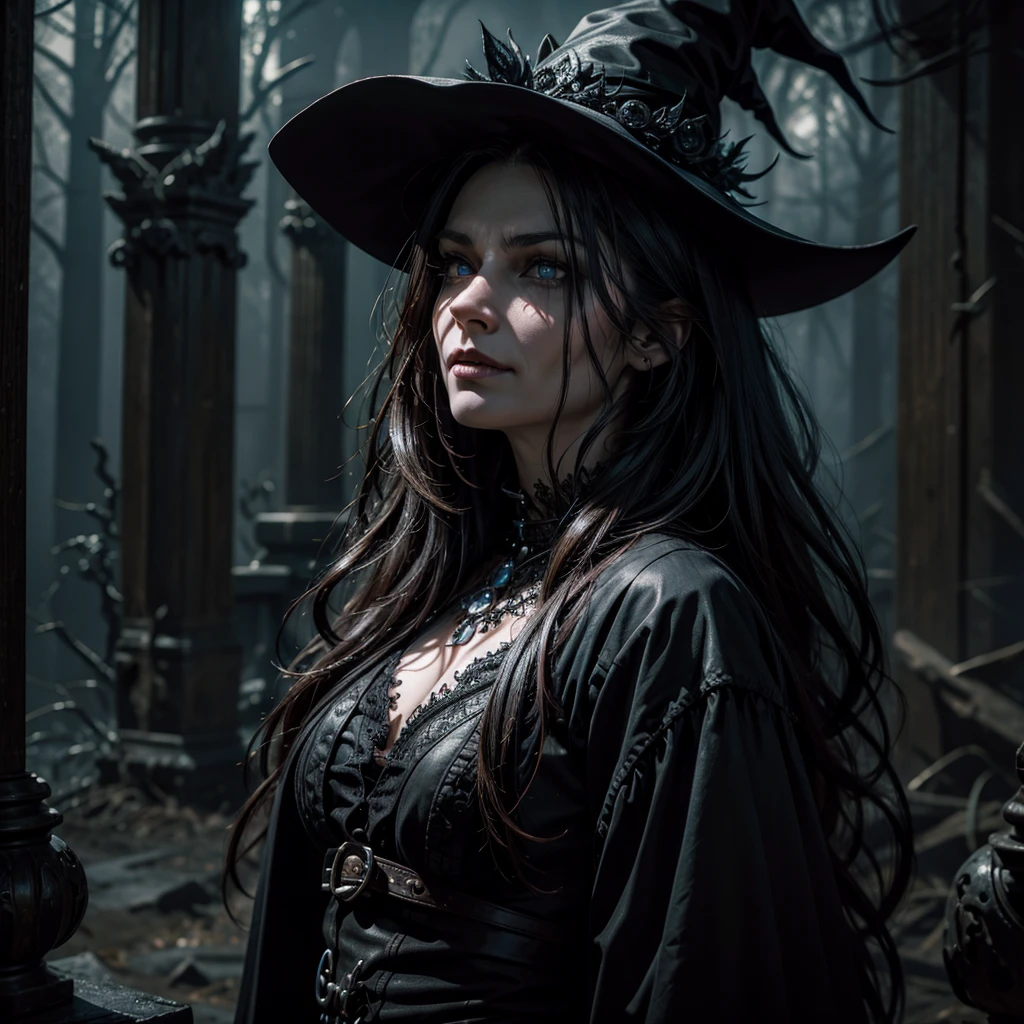 a charming and cunning witch with an evil smile, piercing eyes and long dark hair, stares directly at the camera, instilling a sense of dread and anguish, hyper-realistic, hyper-detailed, photo-realistic, perfect-details, intricate-details, high quality, dark fantasy, dramatic lighting, dramatic shadows, moody atmosphere, sinister, ominous, unsettling