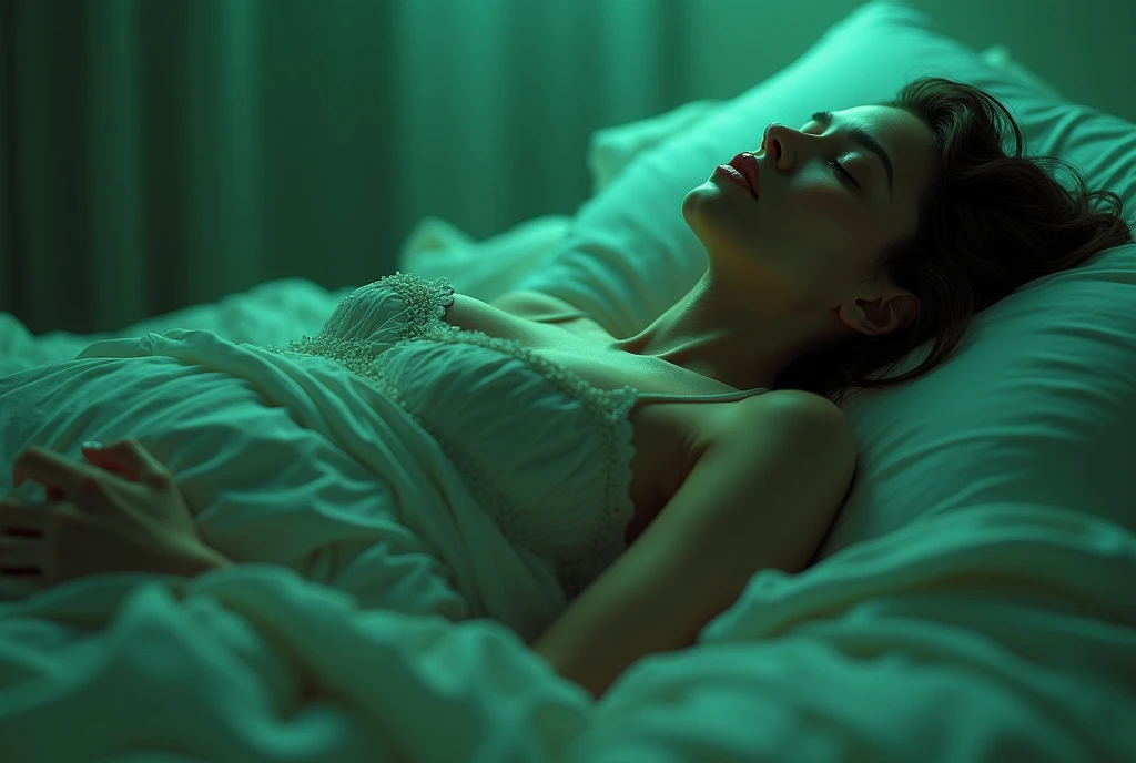 A woman sleeping with her eyes closed, raped by creature, ((masterpiece, Highest quality, Best image quality, High resolution, Realistic, RAW Photos, 8k)), ((Highly detailed CG synthesis 8k wallpaper)), (Huge and stunning goddess shot, Very hot and sexy, Incredible beauty, Perfect Proportions, Beautiful body, Slim body beauty:1.4), (A woman's body lying in bed floats up, floating in green light, lying on her back, full body shot, view from below:1.3),