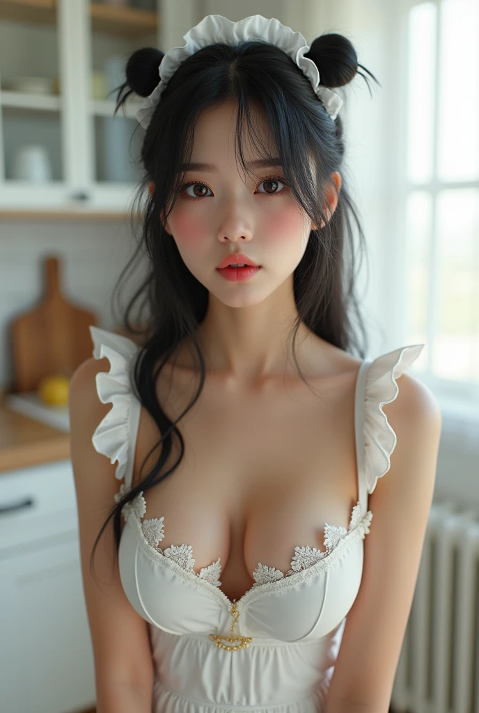 (((whole body))),((masterpiece, Highest quality:1.2), (Realistic, photoRealistic:1.4), High resolution, RAW Photos, 8k, Very detailed, 超High resolution, Cinema Lighting, Written boundary depth, (Portraiture), View your audience, (((Front view, From below))), Small breasts、Beautiful Face、Beautiful Eyes、1、乃木坂系beautiful girl:1.4,beautiful girl、Beautiful black hair、Sexy maid outfit with a wide open chest:1.2、Shoulders exposed:1.3、White string buns)、明るいキッチンに立つbeautiful girl、Embarrassing expression、Blushing