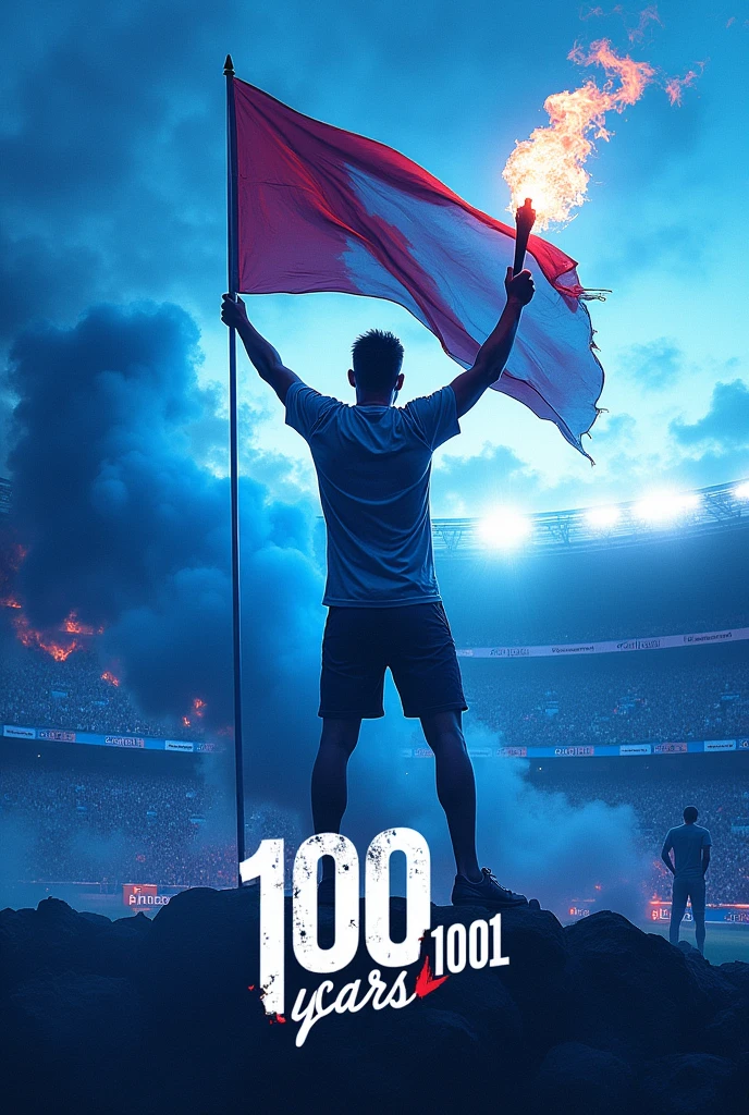 Make a ultras graphic design, texst Ultras Arda Kardzhali,blue, ultras holding the flag of Arda Kardjali, bad boy with a torch on the stadium fence, graphic, the colors of the opening are blue and white, the stadium is Arena Arda, blue and white, 100 years Arda Kardzhali, blue and white smoke bomb