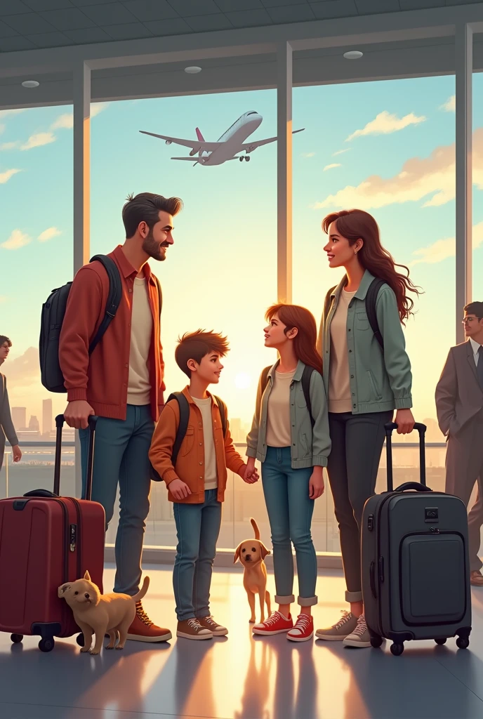 Create a family that has pets and travel suitcases in a more realistic airport with real people