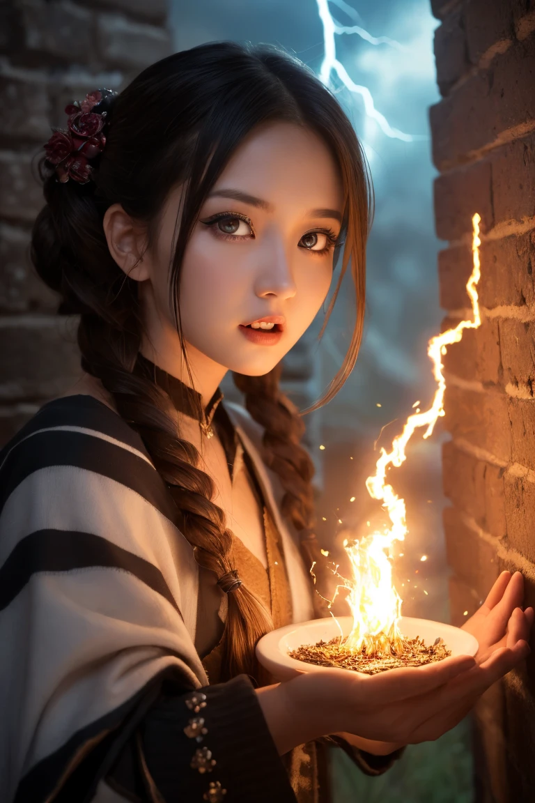 ((masterpiece)), ((best quality)), (ultra-detailed), (kawaii), cute, ((extremely detailed)), 4K, (8K), best quality, (beautiful), illustration, ((stand against the wall:1.1)), a cute girl, (girl’s sorceress), in epic battle against monstrous, creatures wielding elemental magic, casting fireballs, summoning lightning,  determination, stormy skies, laugh, twintails, (beautiful hair), (beautiful eyes), 