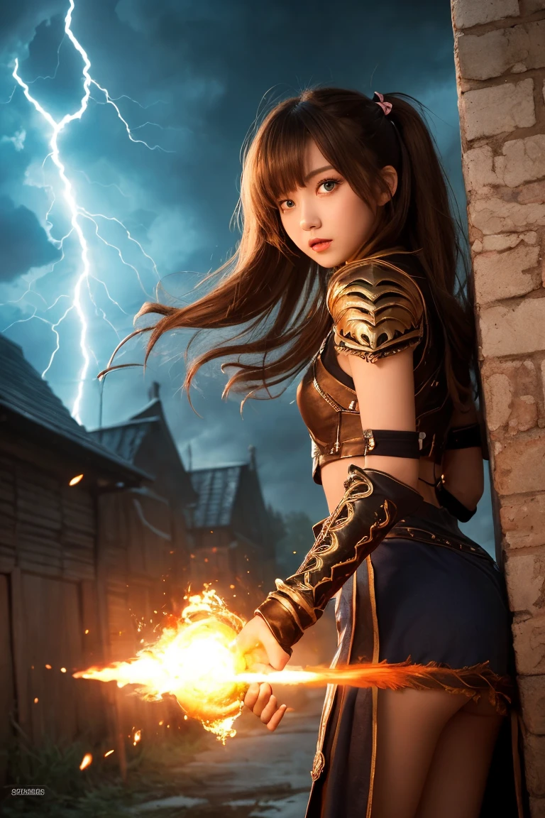 ((masterpiece)), ((best quality)), (ultra-detailed), (kawaii), cute, ((extremely detailed)), 4K, (8K), best quality, (beautiful), illustration, ((stand against the wall:1.1)), a cute girl, (girl’s sorceress), in epic battle against monstrous, creatures wielding elemental magic, casting fireballs, summoning lightning, fierce determination, stormy skies, laugh, twintails, (beautiful hair), (beautiful eyes), 