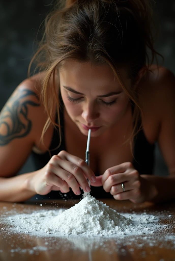 Make a picture of a big tits woman snorting cocaine line off table. Her nose is bent over to cocaine