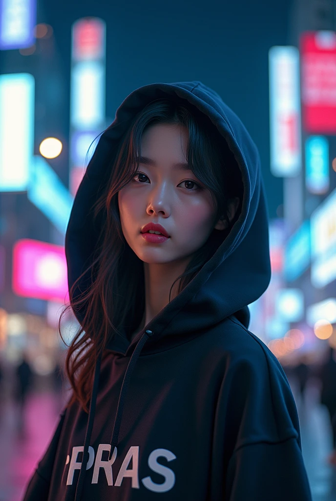 create a character hoodie, background: night city, background insert the HD text: “Pras”, HD, realistic, female, age 25, beautiful korean style, full body