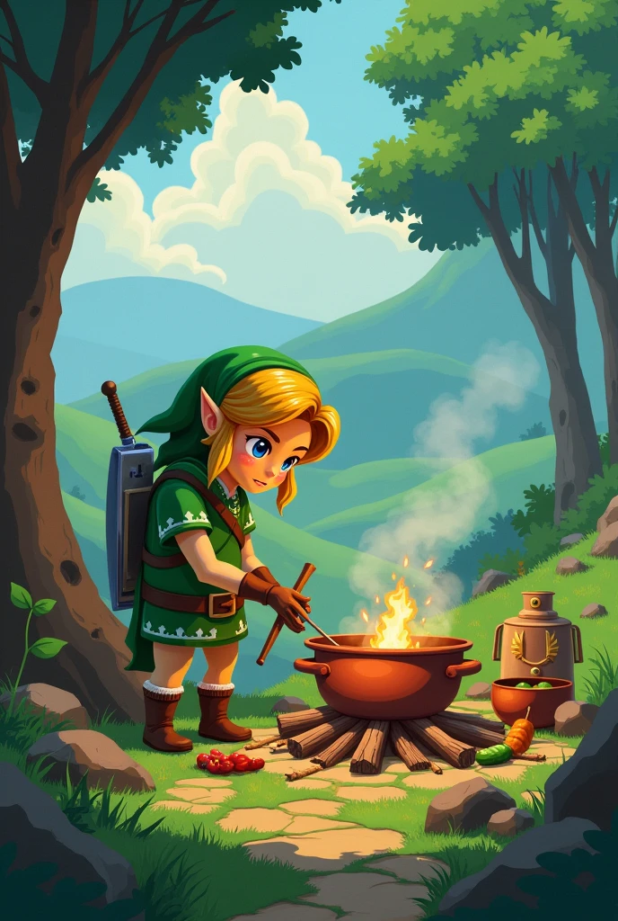 Link  de l'univers Zelda en train de cuisiner dans le style jeux vidéo 