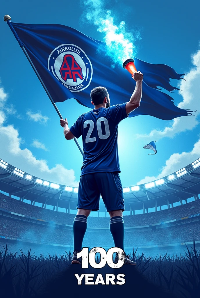 Make a ultras graphic design, texst Ultras Arda Kardzhali,blue, ultras holding the flag of Arda Kardjali, bad boy with a torch on the stadium fence, graphic, the colors of the opening are blue and white, the stadium is Arena Arda, blue and white, 100 years Arda Kardzhali, blue and white smoke bomb
