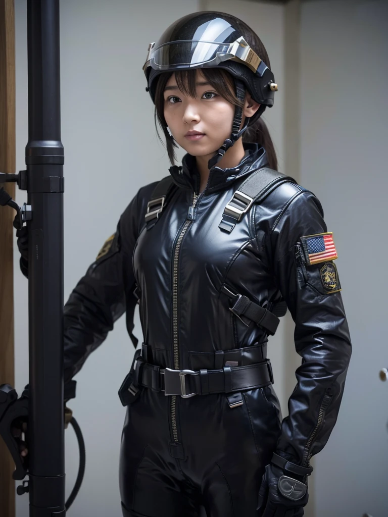 A female soldier wearing a fighter jet helmet, pilot suit and thick harness belt、