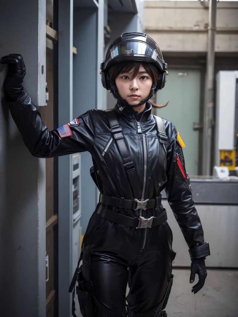 A female soldier wearing a fighter jet helmet, pilot suit and thick harness belt、