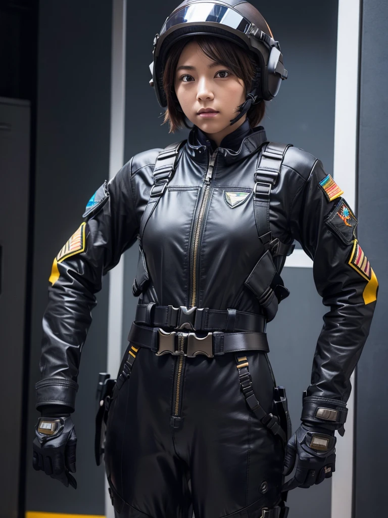 A female soldier wearing a fighter jet helmet, pilot suit and thick harness belt、