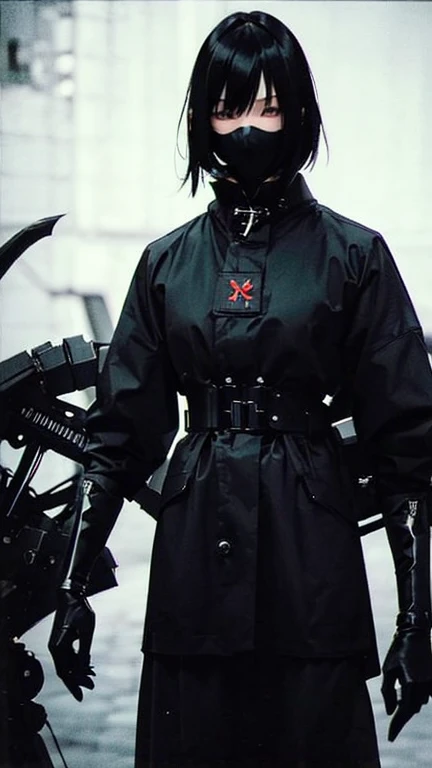 Black Hair、Cold look:1.5、Japanese woman in her 30s、Dark Background、One Cool Lady:1.5、night、whole photo、Dark Eyes、Black gloves、Ominous Machine Lifeform、Nihil、Half of his body is made of machinery、Mechanical Man:1.5、Modern clothing:、Creepy、Scary atmosphere