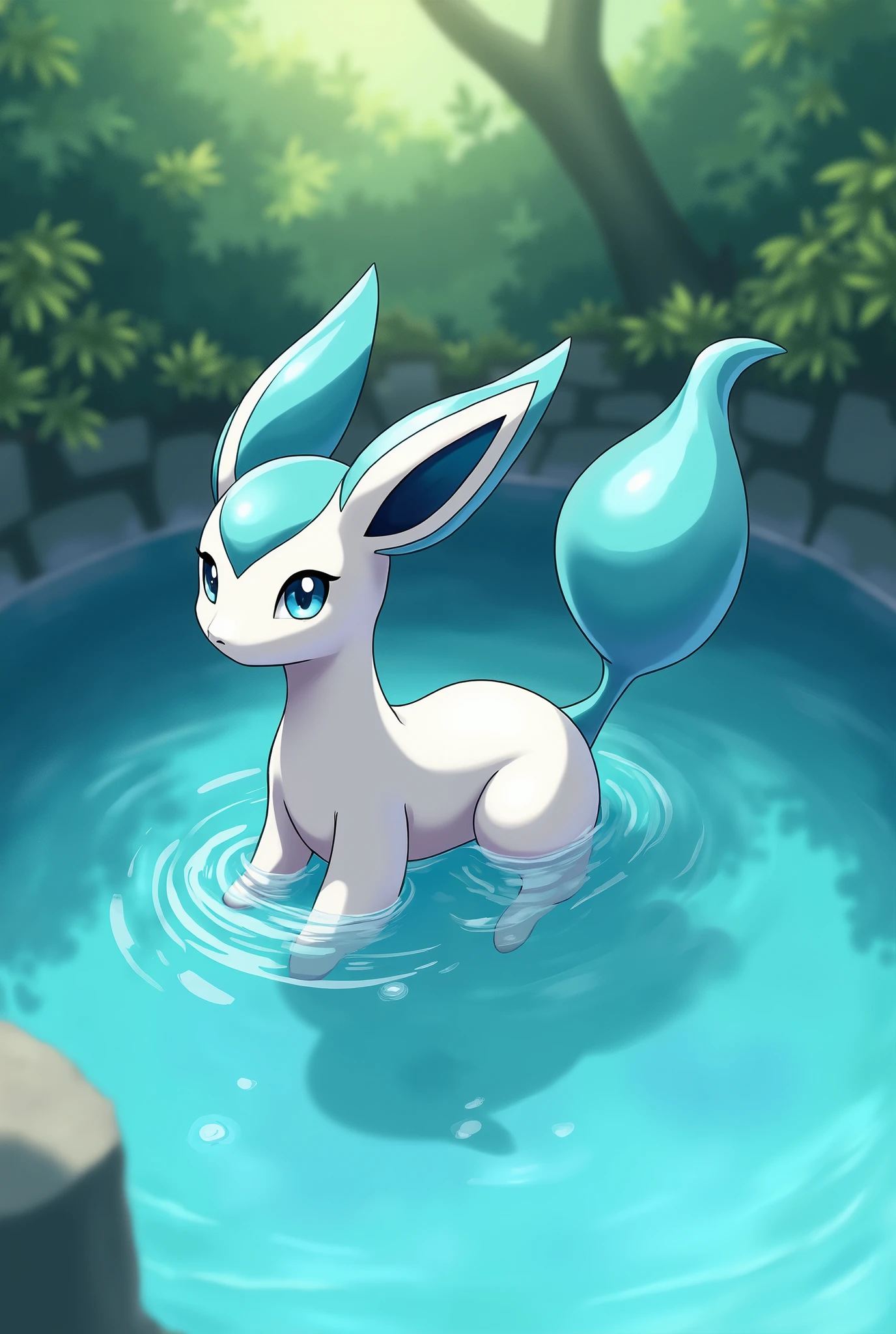 Vaporeon the Pokémon sitting in a pool without clothes with his naked body watching the water move