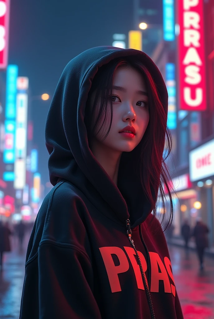 create a character hoodie, background: night city, background insert the HD text: “Pras”, HD, realistic, female, age 25, beautiful korean style, full body