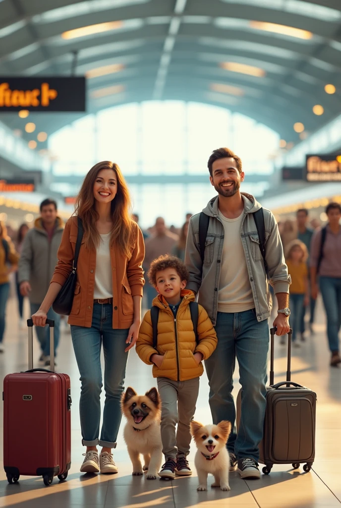 Create a family with pets and travel bags in a more real airport with real people