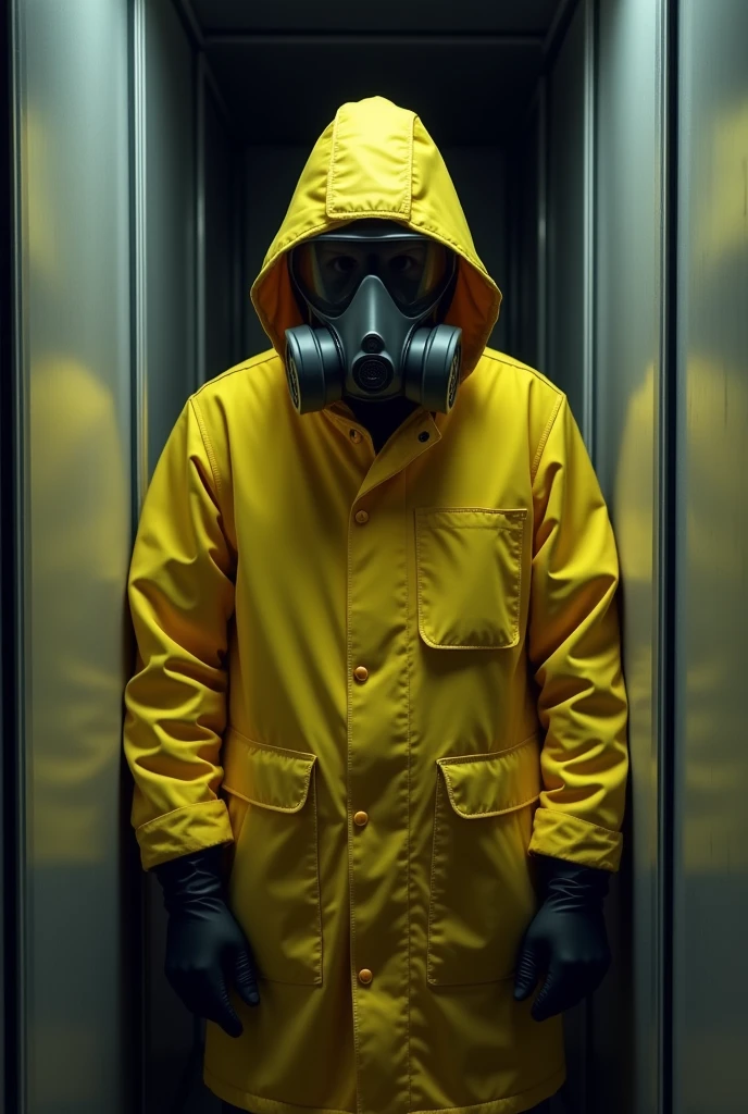A man in a confined space wearing a yellow coat using a full face respiratory protection mask