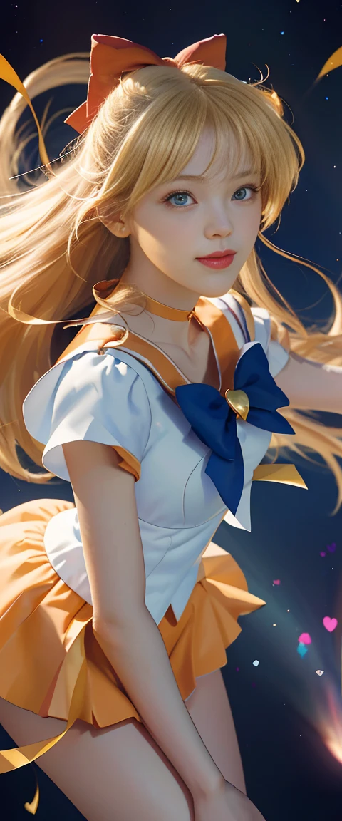 (masterpiece, Highest quality;1.3), Very detailedCG, Very detailed, 1 girl, alone, smile, Looking at the audience, Stylish angle, Blonde long hair,blue eyes,
sv1, Sailor Warrior Uniform, Orange Skirt, Elbow Bag, tiara, Orange sailor collar, Red Bow, Orange Choker, White gloves, jewelry, From above,
Many Hearts, Face Focus,Venus,tornado,Abstract background, Storm of the Heart, Heart Beam, Heart Bubble, Heart balloon, Heartster, Heart Flower, Heart Light, The world of the heart, Heart Background, Galaxy Background, Heart Weapon, Heart Aura,