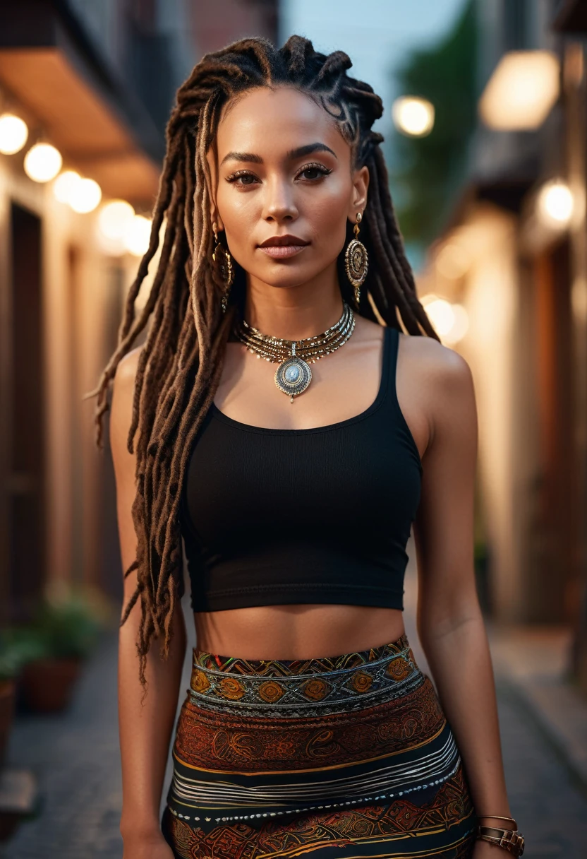 A hyper-realistic, cinematic portrait of a confident and stylish woman with long, intricately styled dreadlocks. She is wearing a form-fitting black crop top paired with a patterned skirt, adorned with statement jewelry including a large necklace and earrings. The setting is warm and intimate, with soft, ambient lighting and blurred bokeh lights in the background. The atmosphere exudes a sense of strength and elegance, with a modern, urban vibe. The woman's expression is poised and powerful, radiating confidence and beauty.