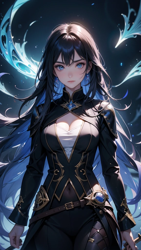 work of art, best resolution, cold and dark illusion hunter; fantastic, imaginative, mysticism, powerful, alquimia, magie, charms, Spell, long and colorful hair