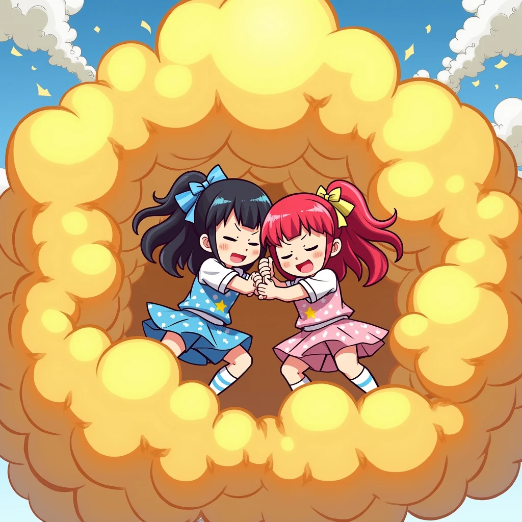 An anime-style illustration depicting many china-girls playfully wrestling with each other inside a gold comical fight cloud (chinese style_cloud).
each chaina-girl has different colored hair.
their faces,hands,and feet are visible emerging from the cloud as they tussle humorously, with the rest of their bodies completely hidden inside the cloud.
the illustration emphasizes the humorous and energetic nature of their scuffle,with a fluffy and exaggerated fight cloud.