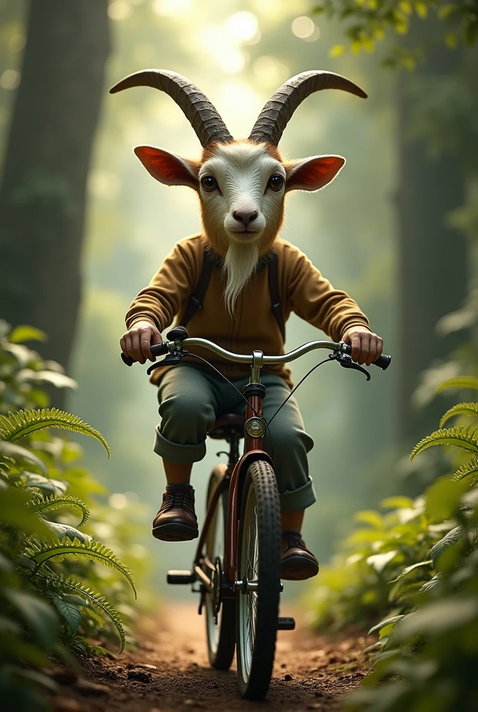 A kid with a goat's head is riding a bike in the forest. Realistic photo