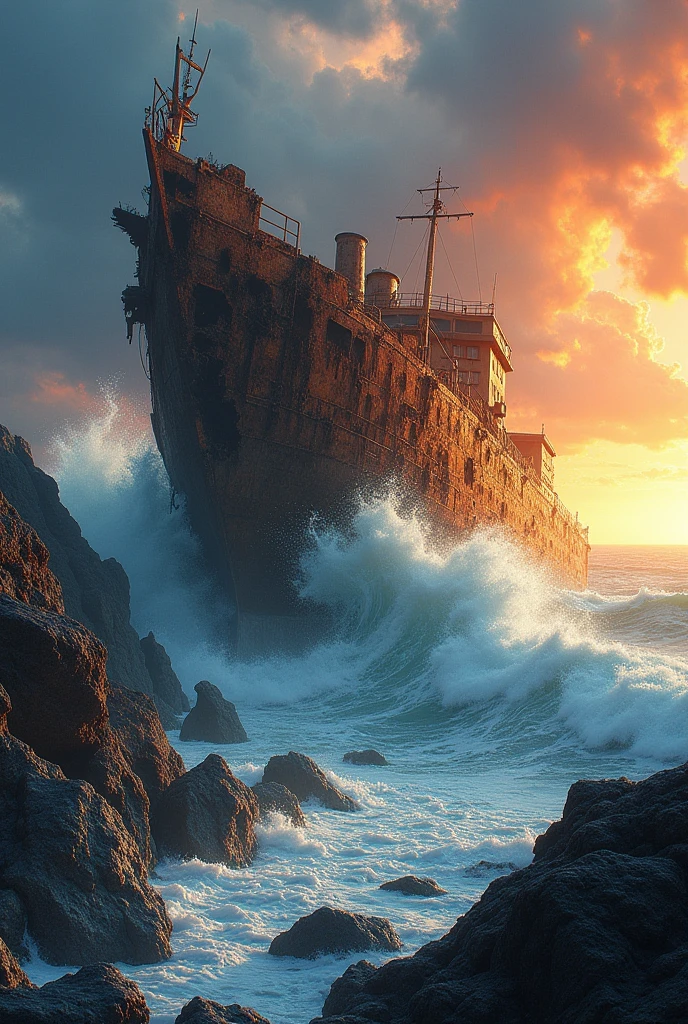 realistic, best quality, high res, highly detailed,
The restless ocean roars, throwing itself upon the rocks where the shattered remains of a rusting twisted shipwreck leans precariously on the rocks,
fantasy style, dreamlike fantasy art, surreal and colorful art, watercolor, glowing vivid colors, dramatic lighting, at sunset,