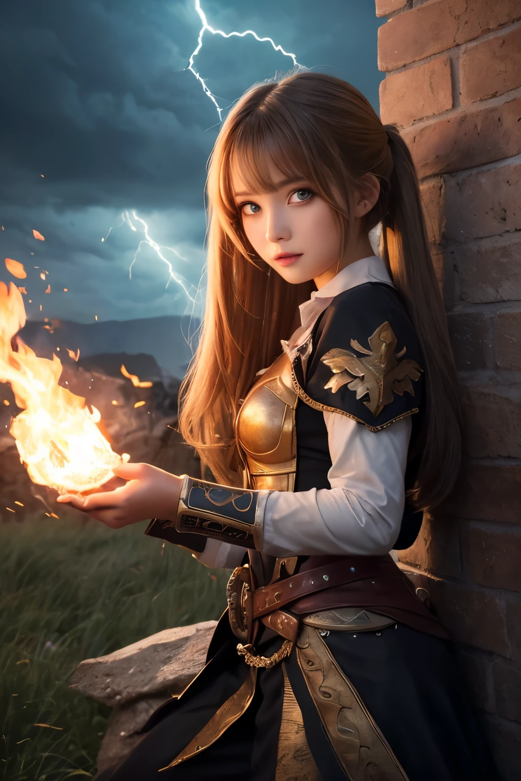 ((masterpiece)), ((best quality)), (ultra-detailed), (kawaii), cute, ((extremely detailed)), 4K, (8K), best quality, (beautiful), illustration, ((stand against the wall:1.1)), a cute girl, (girl’s sorceress), in epic battle against monstrous, creatures wielding elemental magic, casting fireballs, summoning lightning, fierce determination, stormy skies, laugh, twintails, (beautiful hair), (beautiful eyes),