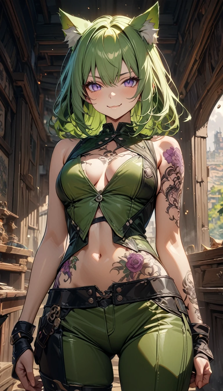 Adult girl, long green hair, violet eyes, Cat ears, green leather top, Sleeveless, open belly, open breasts, lot of Tatoo, little smirk, breeches, Masterpiece, best quality, Full HD, 8k, ultra details, great graphic