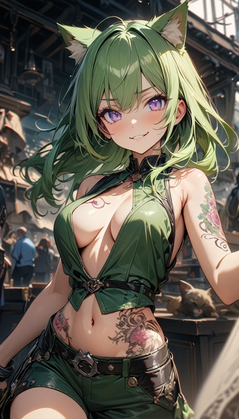 Adult girl, long green hair, violet eyes, Cat ears, green leather top, Sleeveless, open belly, open breasts, lot of Tatoo, little smirk, breeches, Masterpiece, best quality, Full HD, 8k, ultra details, great graphic