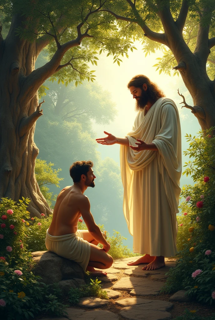 God placing Adam in the Garden of Eden and instructing him to take care of it, with the warning: 'You are free to eat from any tree in the garden; but you must not eat from the tree of the knowledge of good and evil, for when you eat from it you will certainly die.' 