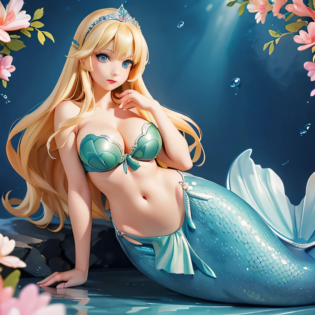 4k,hight resolution,One Woman,a blond,Longhaire,mermaid,Green scales,huge tit,Little Mermaid,Seashell bra,Princess Tiara,Pearl decoration,jewel decorations,Undersea background,under the water